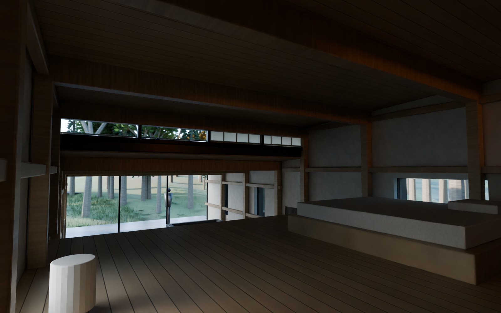 寝室。低い天井の下に寝床があり、正面の屋根の隙間の高窓から林が見え、その下に水の間のガラスが続く